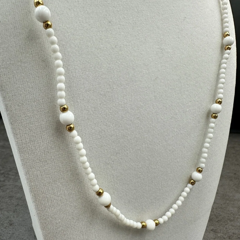 Napier Vintage White Seed Bead & Gold-Tone Accents Minimalist Layering‎ Necklace